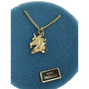 Vintage Unicorn Pendant Necklace Hand Engraved Fantasy Jewelry original box